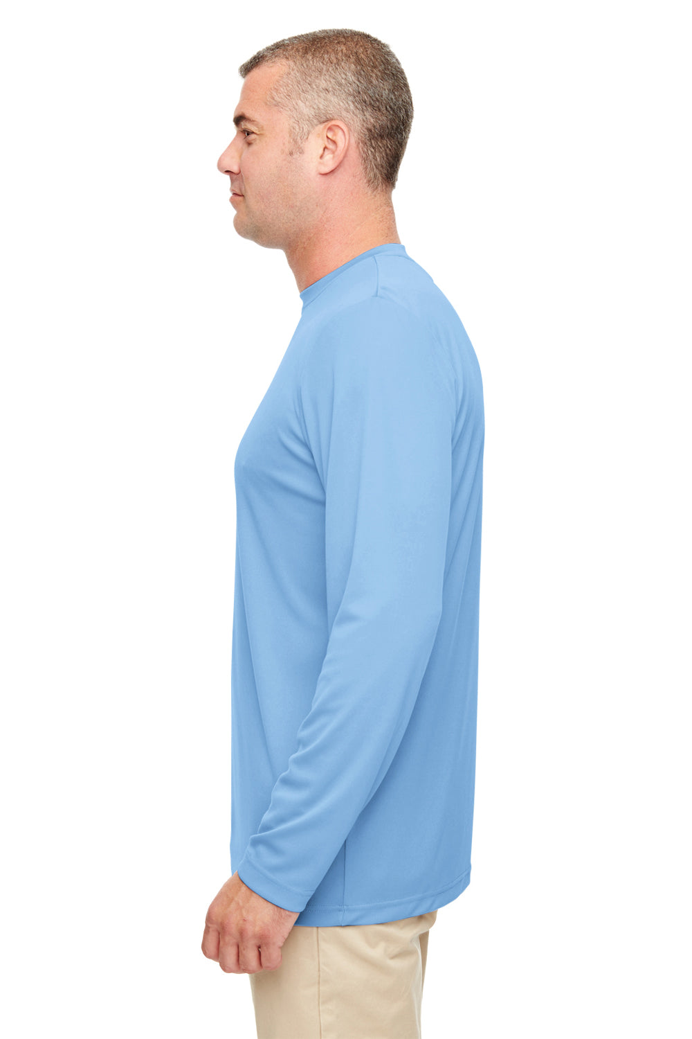 UltraClub 8622 Mens Cool & Dry Performance Moisture Wicking Long Sleeve Crewneck T-Shirt Columbia Blue Model Side