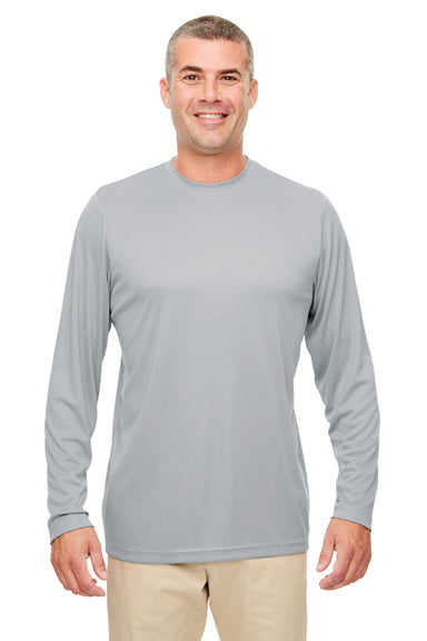 UltraClub 8622 Mens Cool & Dry Performance Moisture Wicking Long Sleeve Crewneck T-Shirt Grey Model Front