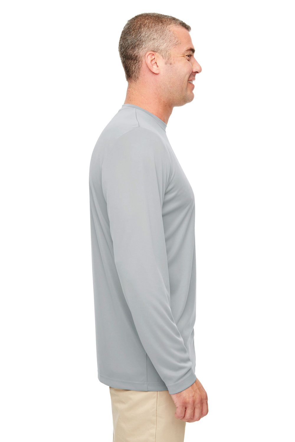 UltraClub 8622 Mens Cool & Dry Performance Moisture Wicking Long Sleeve Crewneck T-Shirt Grey Model Side