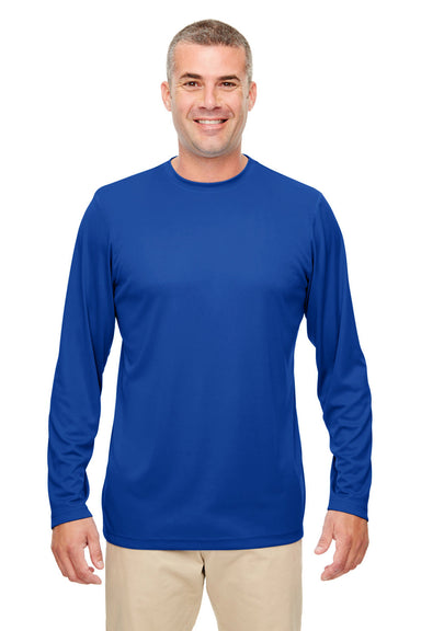 UltraClub 8622 Mens Cool & Dry Performance Moisture Wicking Long Sleeve Crewneck T-Shirt Royal Blue Model Front