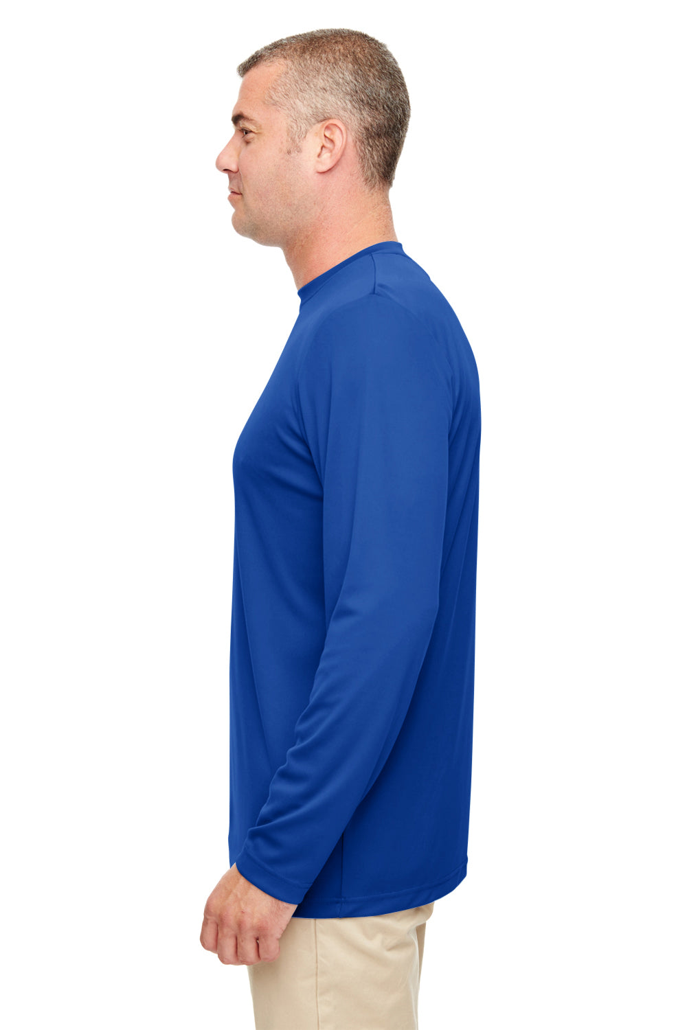 UltraClub 8622 Mens Cool & Dry Performance Moisture Wicking Long Sleeve Crewneck T-Shirt Royal Blue Model Side