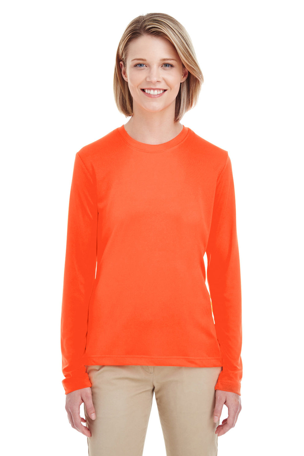 UltraClub 8622W Womens Cool & Dry Performance Moisture Wicking Long Sleeve Crewneck T-Shirt Bright Orange Model Front