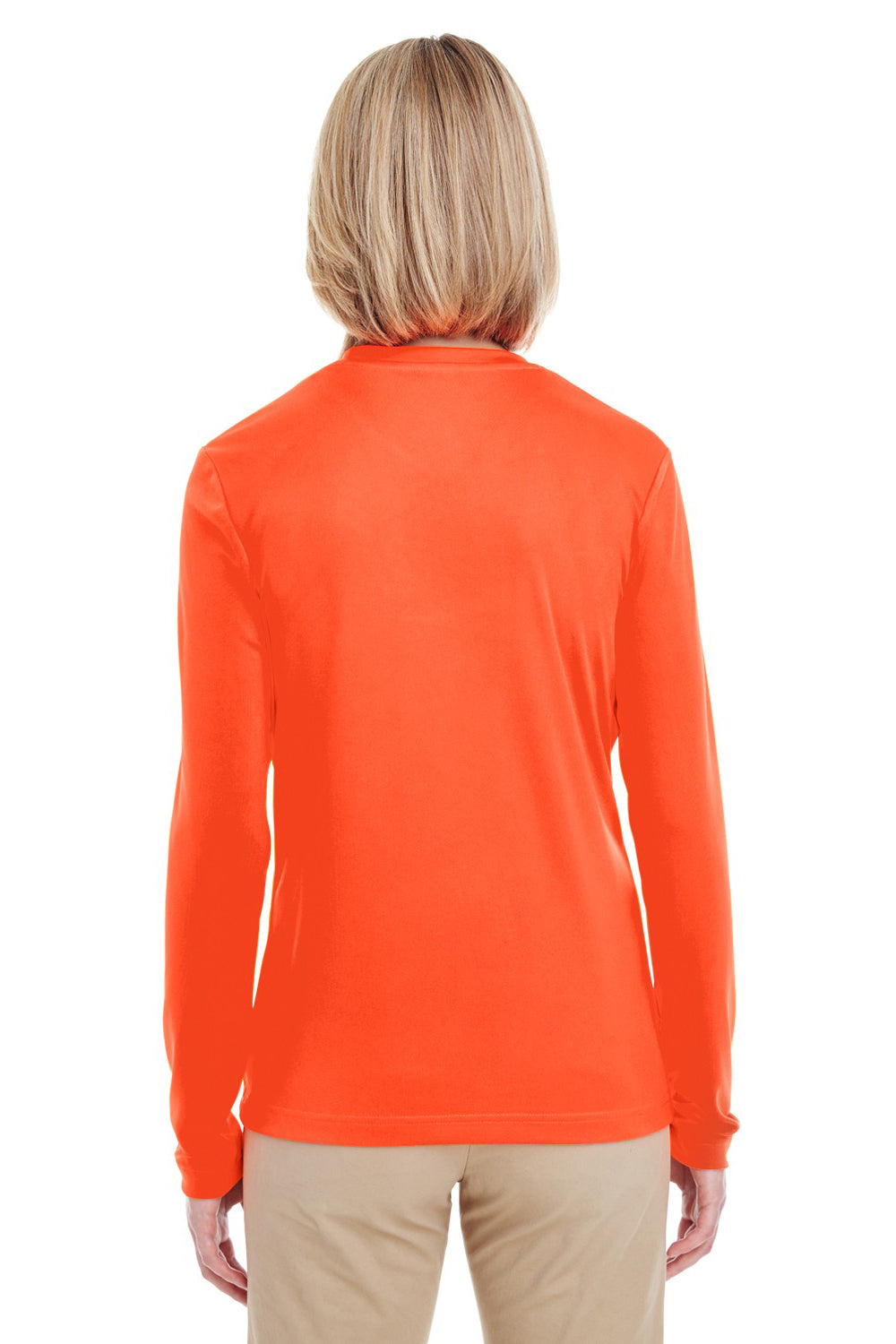 UltraClub 8622W Womens Cool & Dry Performance Moisture Wicking Long Sleeve Crewneck T-Shirt Bright Orange Model Back