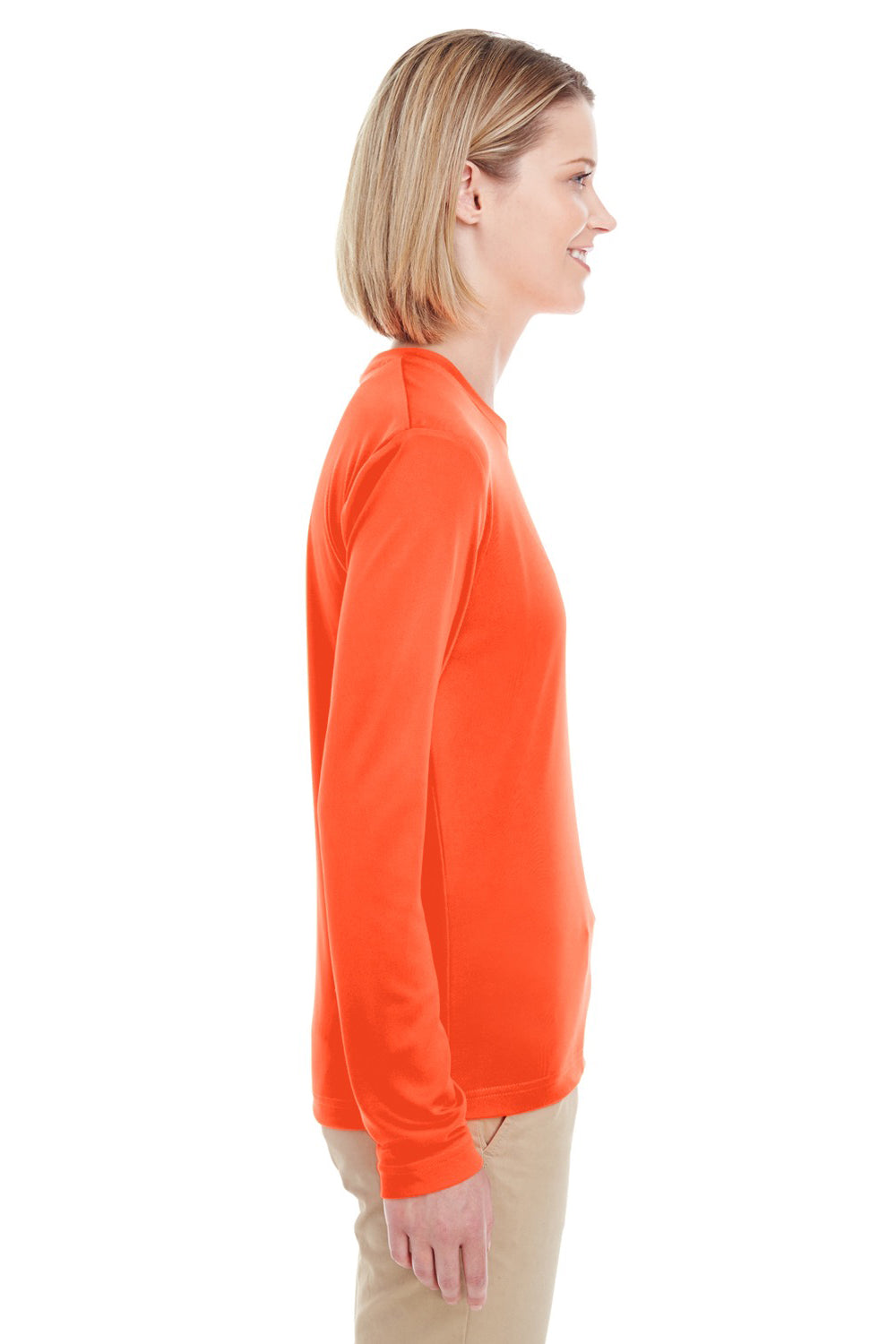 UltraClub 8622W Womens Cool & Dry Performance Moisture Wicking Long Sleeve Crewneck T-Shirt Bright Orange Model Side