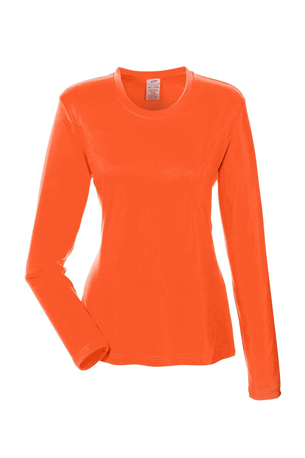 UltraClub 8622W Womens Cool & Dry Performance Moisture Wicking Long Sleeve Crewneck T-Shirt Bright Orange Flat Front