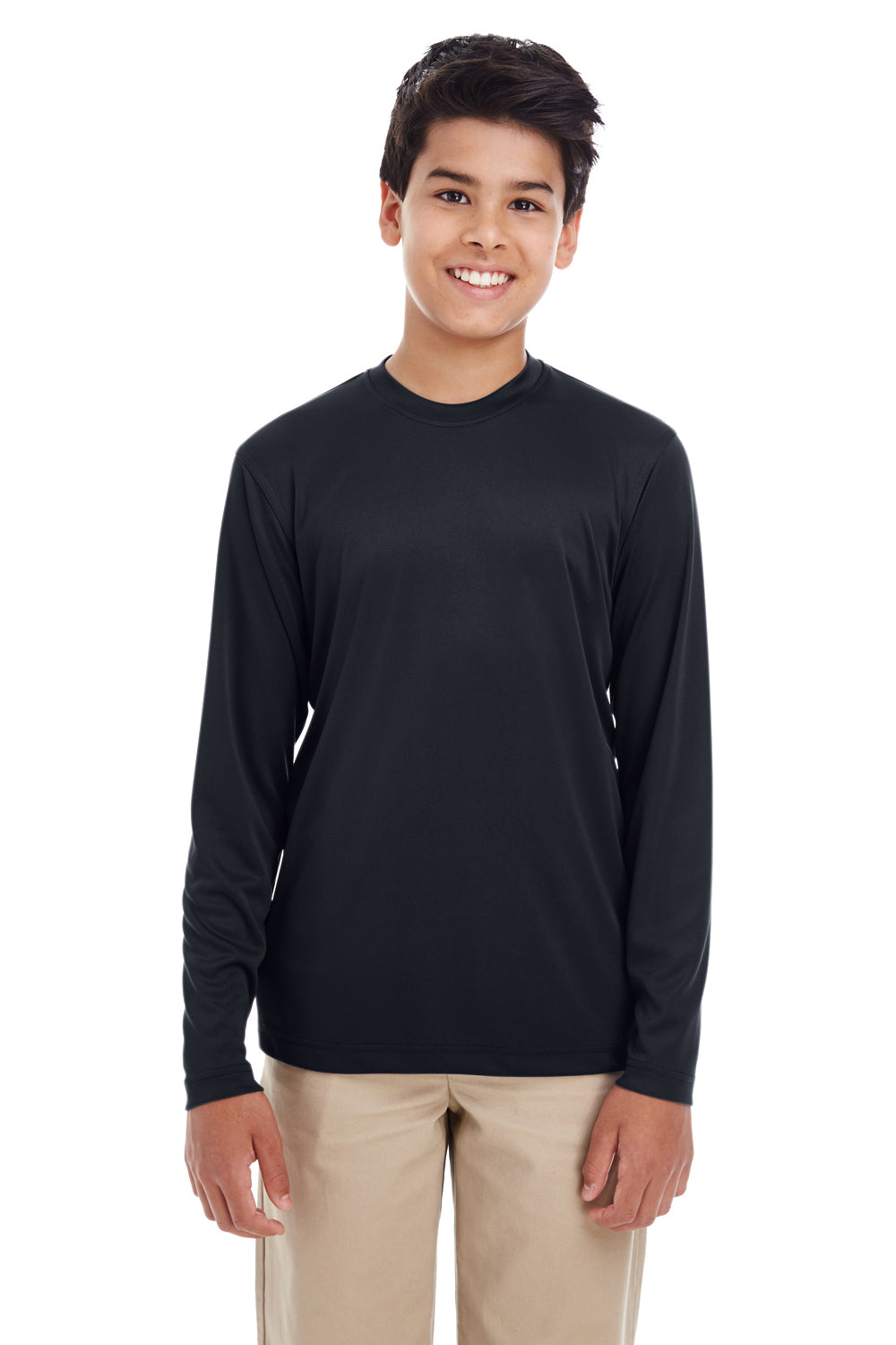 UltraClub 8622Y Youth Cool & Dry Performance Moisture Wicking Long Sleeve Crewneck T-Shirt Black Model Front