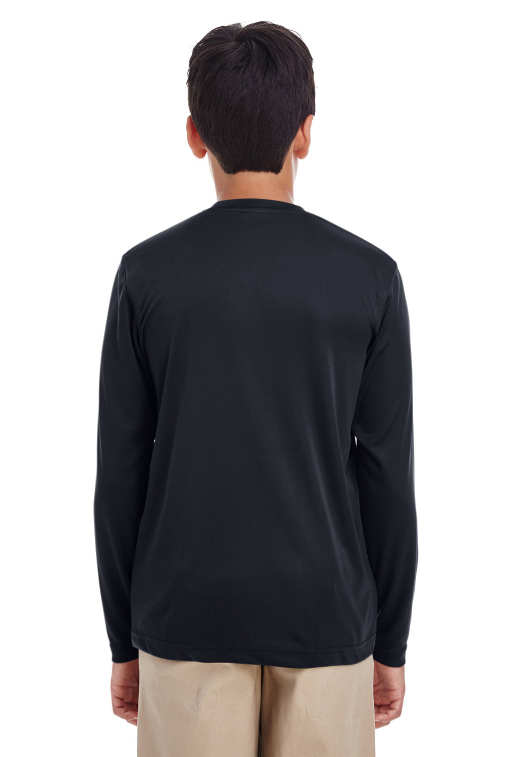 UltraClub 8622Y Youth Cool & Dry Performance Moisture Wicking Long Sleeve Crewneck T-Shirt Black Model Back