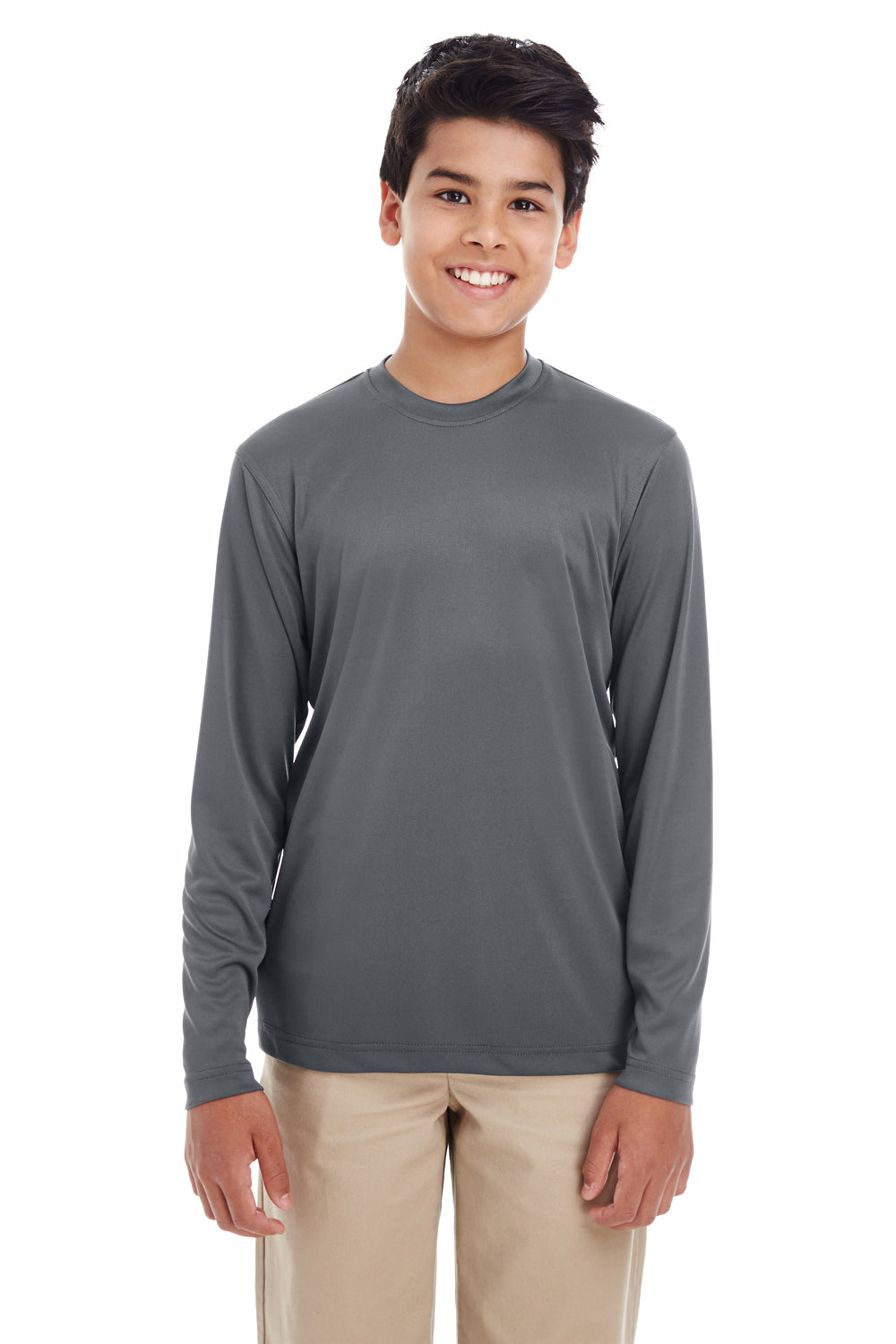 UltraClub 8622Y Youth Cool & Dry Performance Moisture Wicking Long Sleeve Crewneck T-Shirt Charcoal Grey Model Front