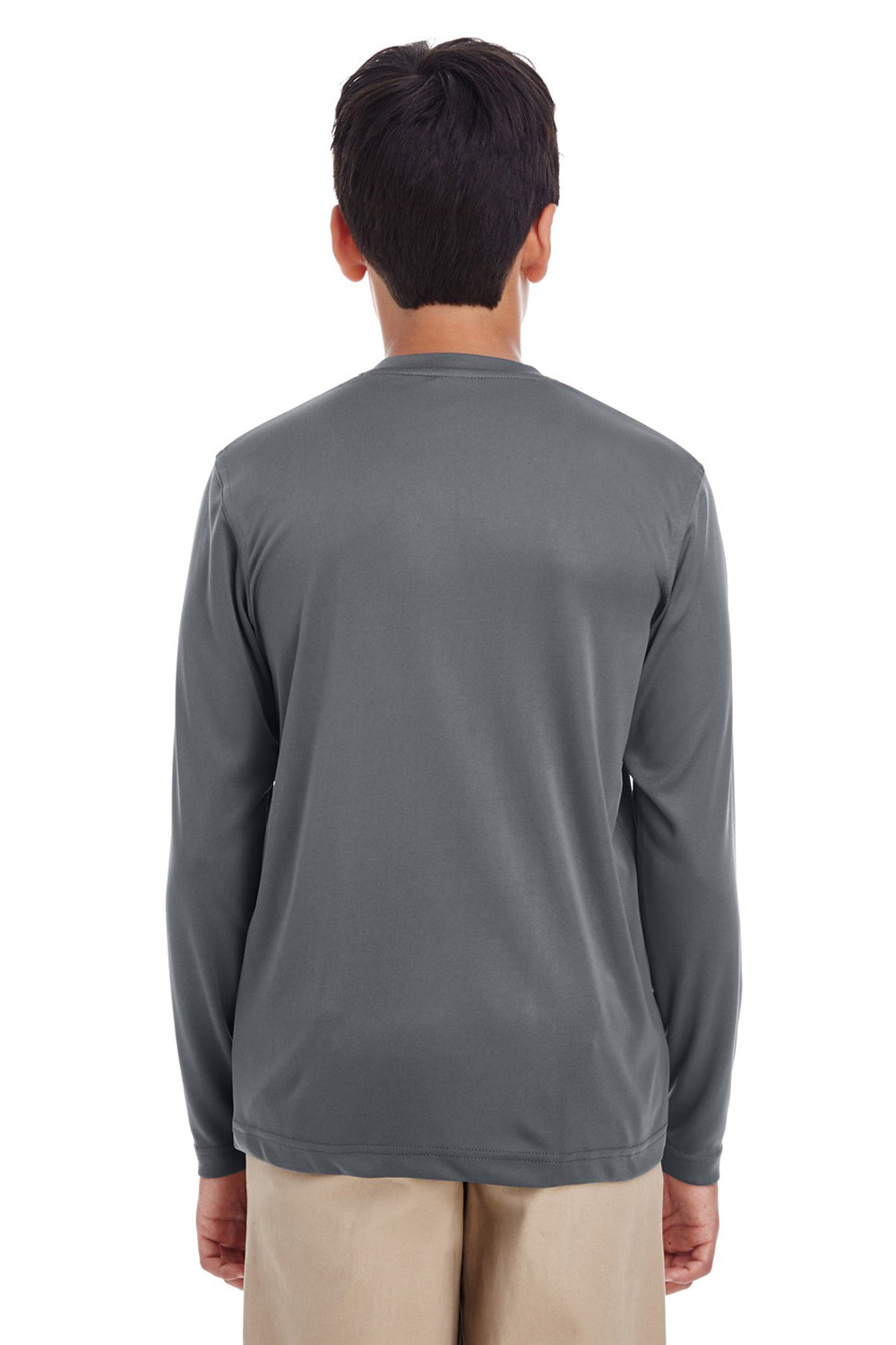 UltraClub 8622Y Youth Cool & Dry Performance Moisture Wicking Long Sleeve Crewneck T-Shirt Charcoal Grey Model Back