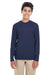 UltraClub 8622Y Youth Cool & Dry Performance Moisture Wicking Long Sleeve Crewneck T-Shirt Navy Blue Model Front