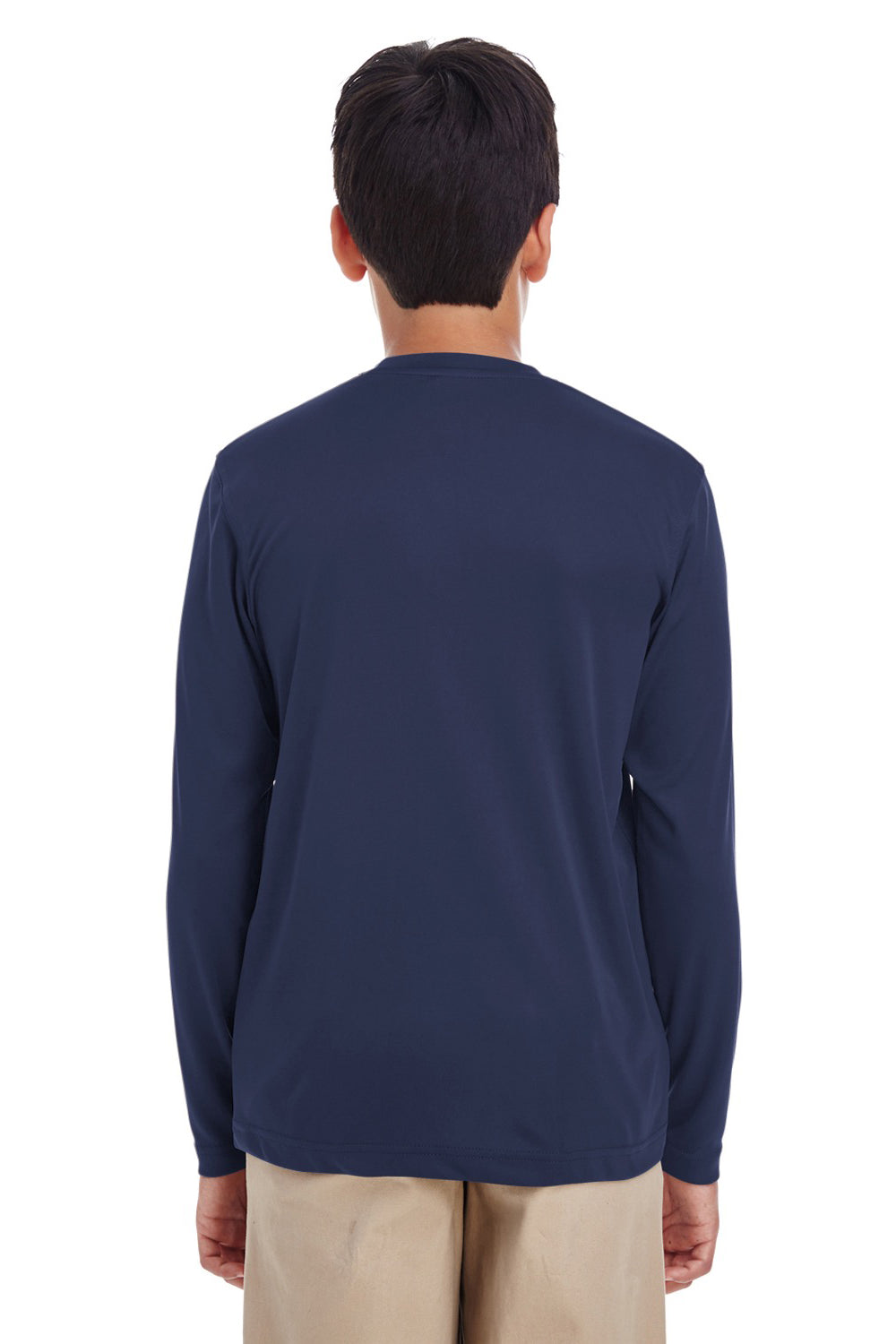 UltraClub 8622Y Youth Cool & Dry Performance Moisture Wicking Long Sleeve Crewneck T-Shirt Navy Blue Model Back