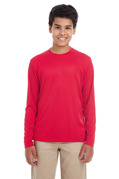 UltraClub 8622Y Youth Cool & Dry Performance Moisture Wicking Long Sleeve Crewneck T-Shirt Red Model Front