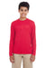 UltraClub 8622Y Youth Cool & Dry Performance Moisture Wicking Long Sleeve Crewneck T-Shirt Red Model Front