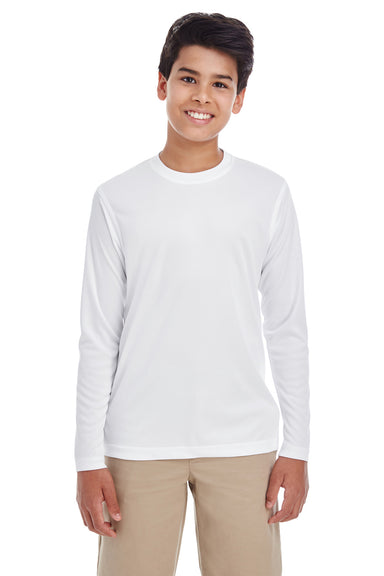 UltraClub 8622Y Youth Cool & Dry Performance Moisture Wicking Long Sleeve Crewneck T-Shirt White Model Front