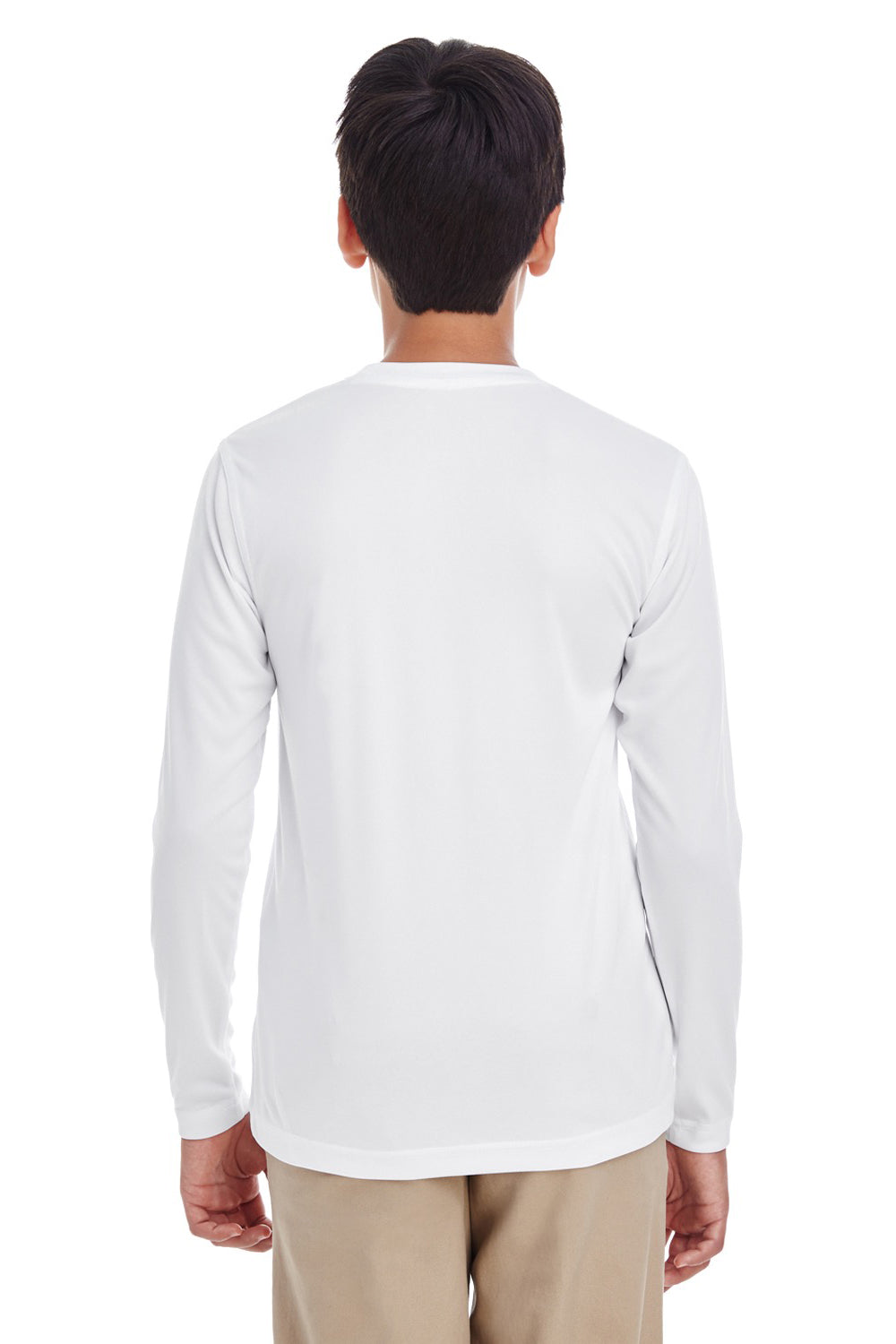 UltraClub 8622Y Youth Cool & Dry Performance Moisture Wicking Long Sleeve Crewneck T-Shirt White Model Back