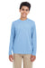 UltraClub 8622Y Youth Cool & Dry Performance Moisture Wicking Long Sleeve Crewneck T-Shirt Columbia Blue Model Front