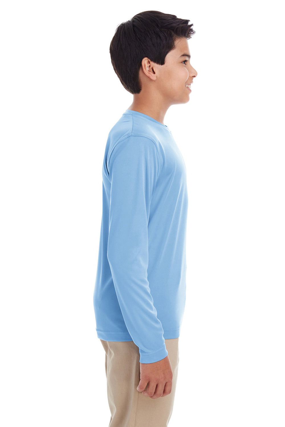 UltraClub 8622Y Youth Cool & Dry Performance Moisture Wicking Long Sleeve Crewneck T-Shirt Columbia Blue Model Side