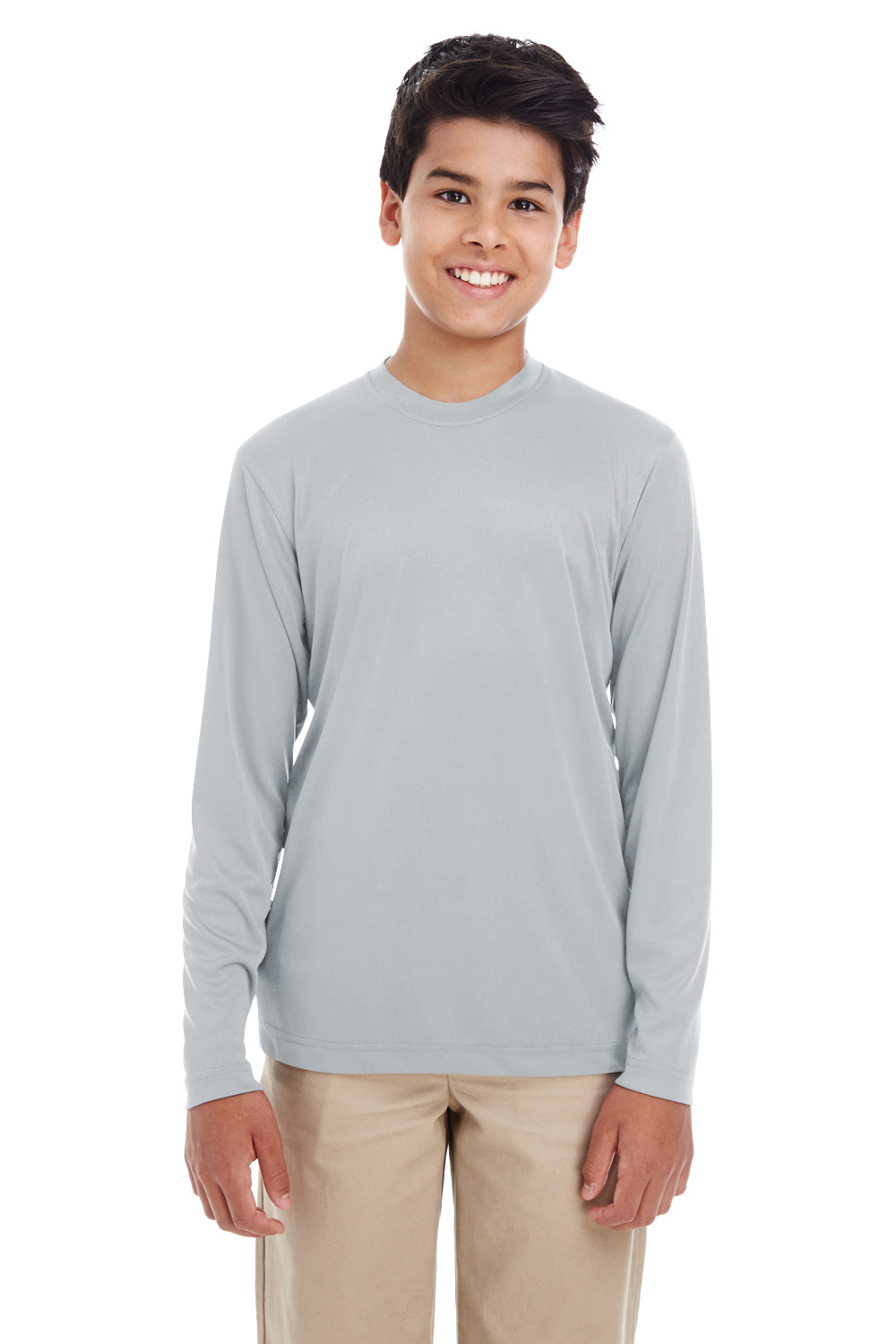 UltraClub 8622Y Youth Cool & Dry Performance Moisture Wicking Long Sleeve Crewneck T-Shirt Grey Model Front