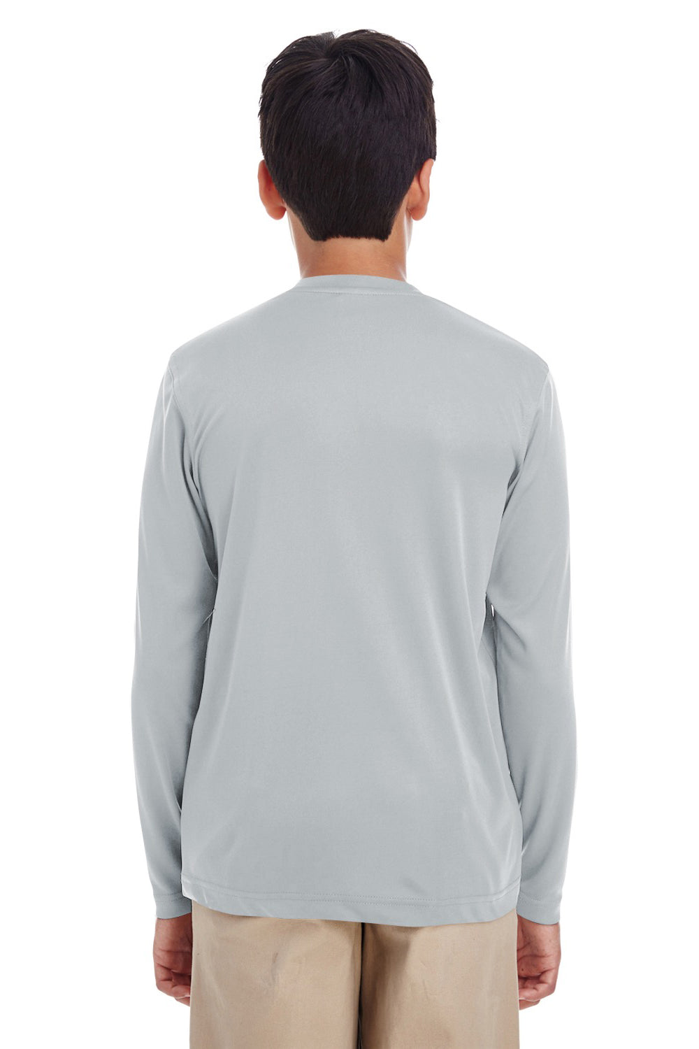 UltraClub 8622Y Youth Cool & Dry Performance Moisture Wicking Long Sleeve Crewneck T-Shirt Grey Model Back