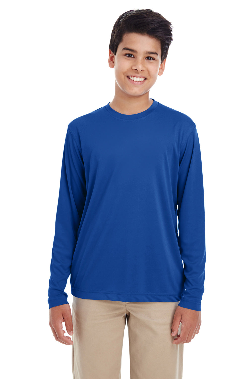 UltraClub 8622Y Youth Cool & Dry Performance Moisture Wicking Long Sleeve Crewneck T-Shirt Royal Blue Model Front