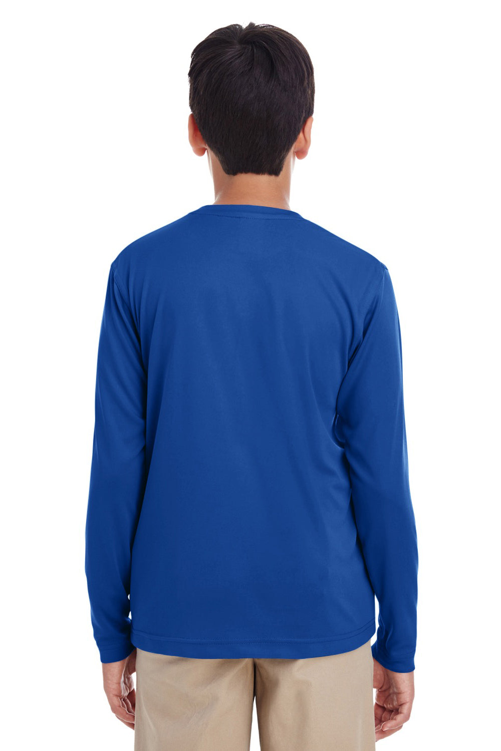 UltraClub 8622Y Youth Cool & Dry Performance Moisture Wicking Long Sleeve Crewneck T-Shirt Royal Blue Model Back