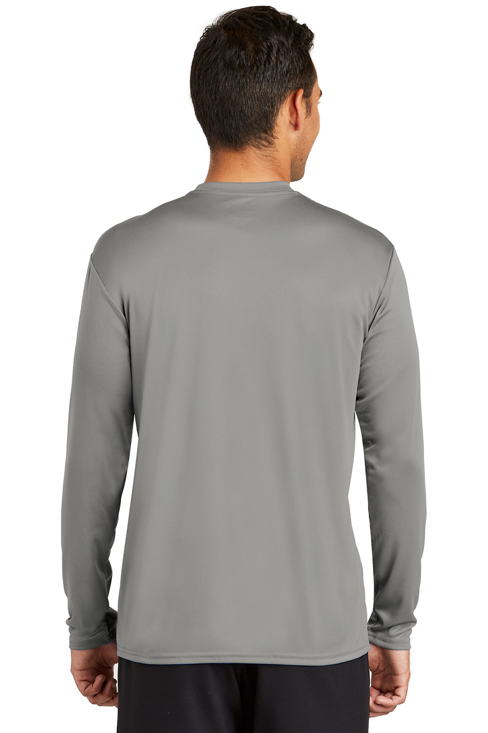 Port & Company PC380LS Mens Dry Zone Performance Moisture Wicking Long Sleeve Crewneck T-Shirt Concrete Grey Model Back