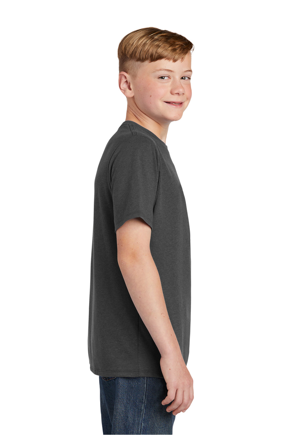 District DT130Y Youth Perfect Tri Short Sleeve Crewneck T-Shirt Charcoal Grey Model Side