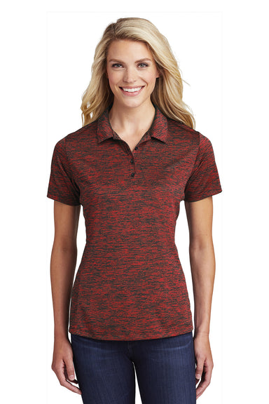 Sport-Tek LST590 Womens Electric Heather Moisture Wicking Short Sleeve Polo Shirt Deep Red Black Electric Model Front