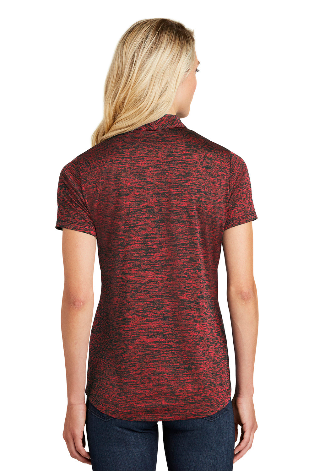 Sport-Tek LST590 Womens Electric Heather Moisture Wicking Short Sleeve Polo Shirt Deep Red Black Electric Model Back