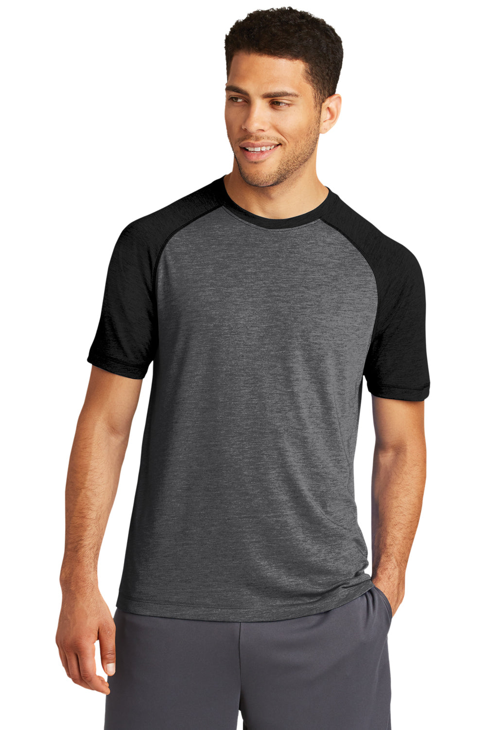 Sport-Tek ST400 Mens Moisture Wicking Short Sleeve Crewneck T-Shirt Heather Dark Grey/Black Triad Model Front