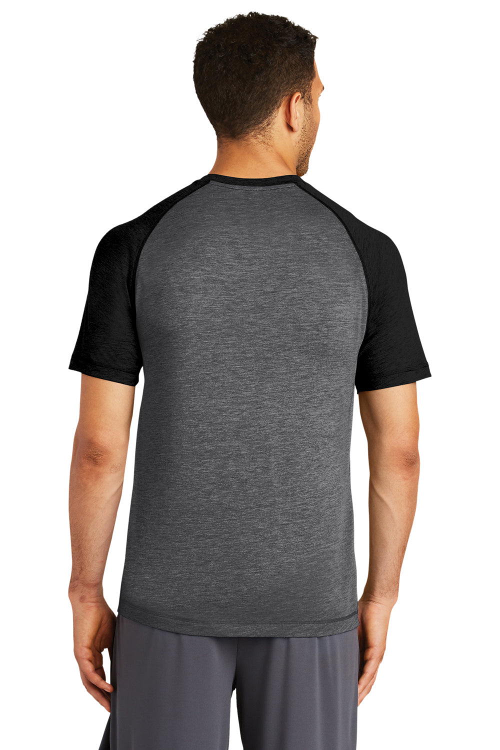 Sport-Tek ST400 Mens Moisture Wicking Short Sleeve Crewneck T-Shirt Heather Dark Grey/Black Triad Model Back