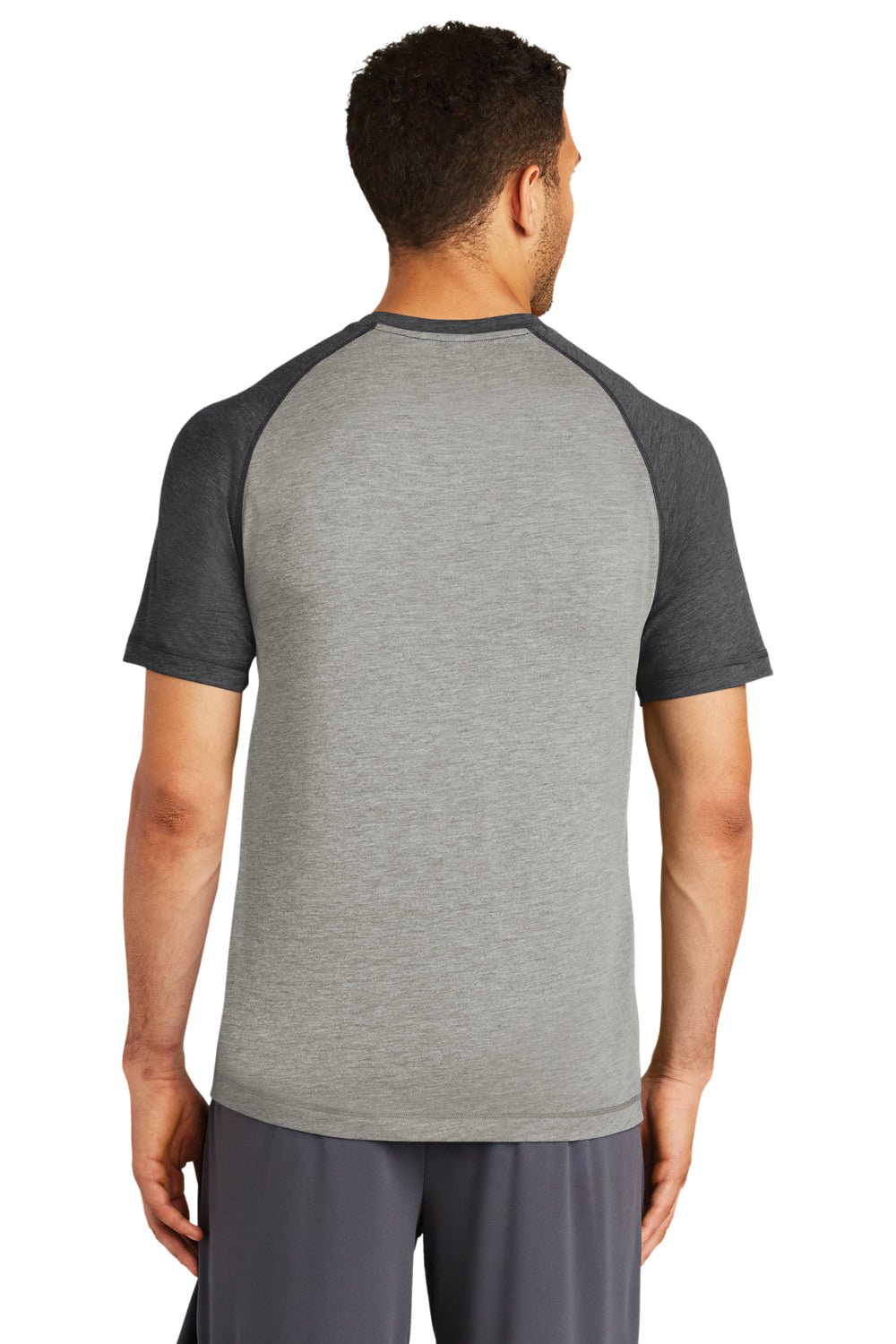 Sport-Tek ST400 Mens Moisture Wicking Short Sleeve Crewneck T-Shirt Heather Light Grey/Heather Dark Grey Model Back