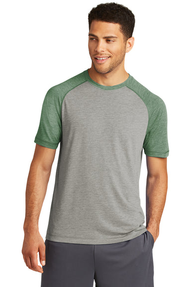 Sport-Tek ST400 Mens Moisture Wicking Short Sleeve Crewneck T-Shirt Heather Light Grey/Heather Forest Green Model Front