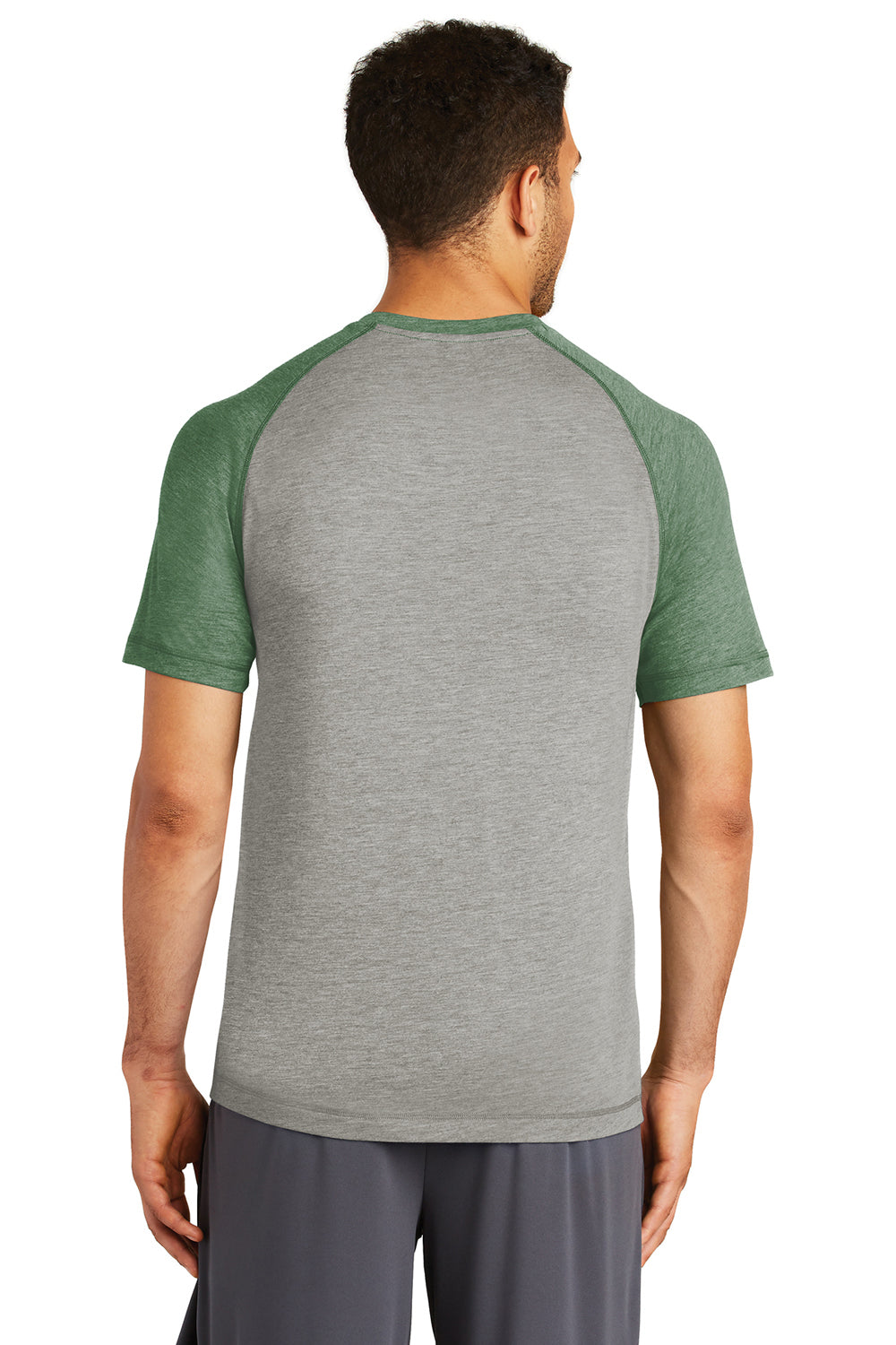 Sport-Tek ST400 Mens Moisture Wicking Short Sleeve Crewneck T-Shirt Heather Light Grey/Heather Forest Green Model Back