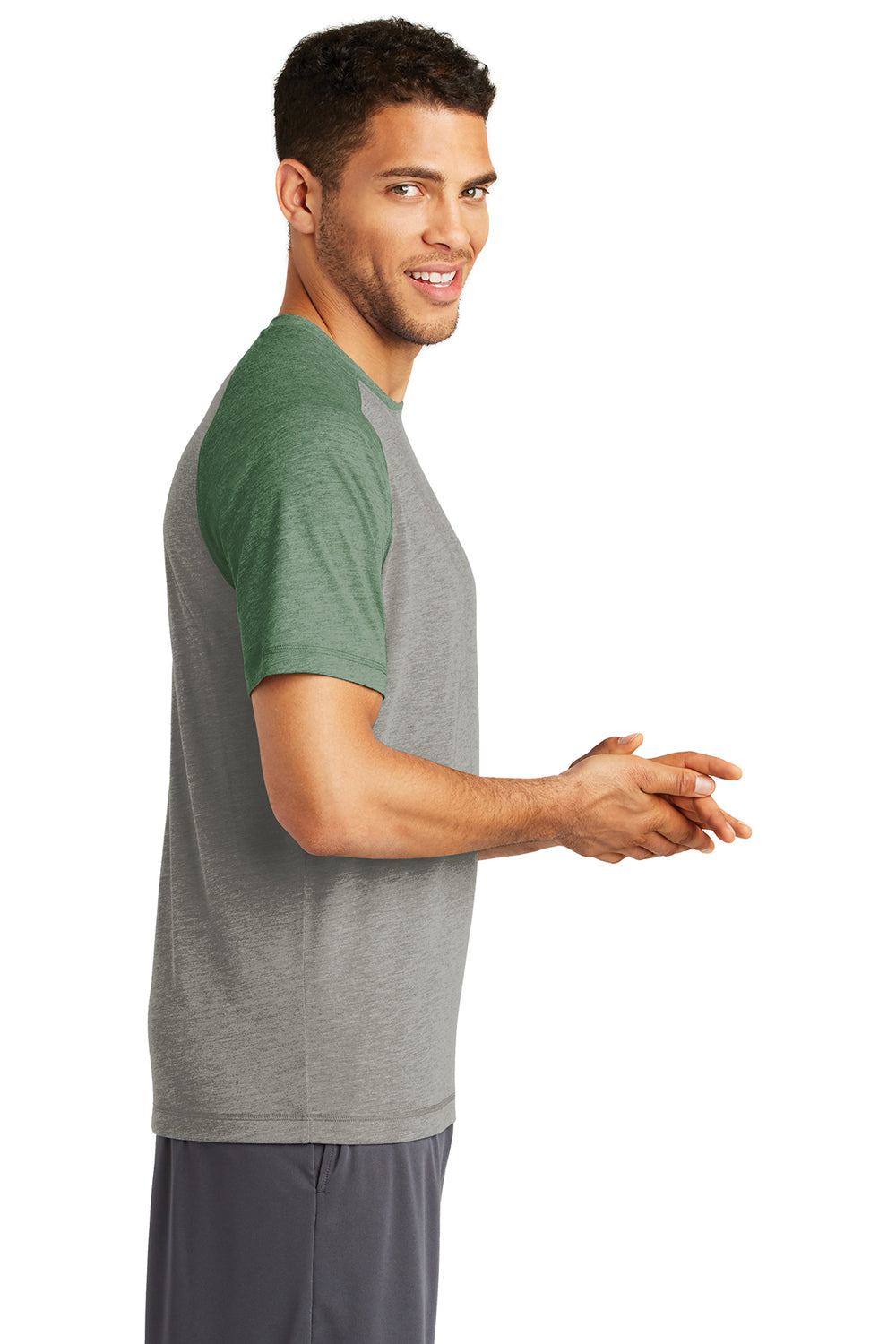 Sport-Tek ST400 Mens Moisture Wicking Short Sleeve Crewneck T-Shirt Heather Light Grey/Heather Forest Green Model Side