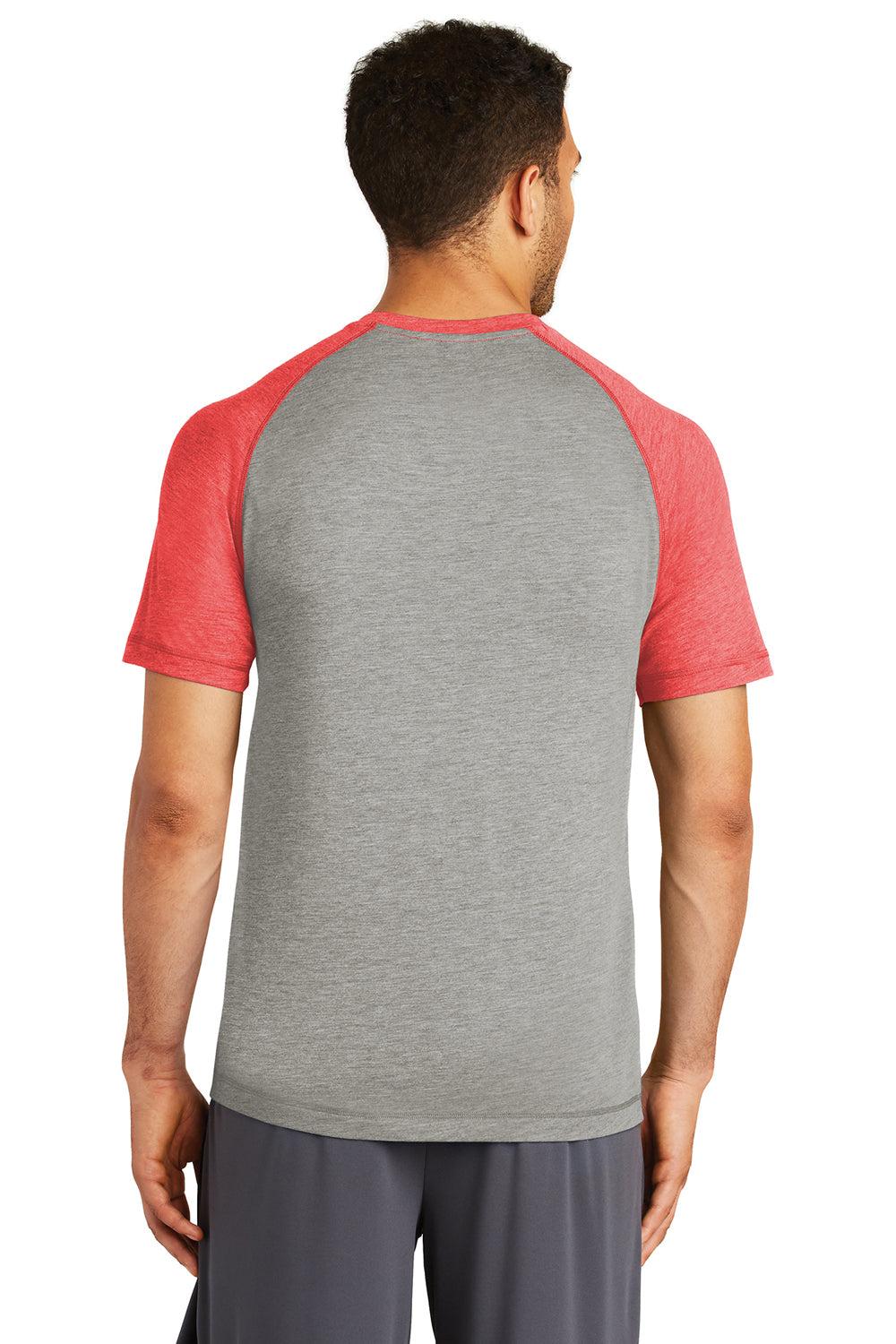 Sport-Tek ST400 Mens Moisture Wicking Short Sleeve Crewneck T-Shirt Heather Light Grey/Heather True Red Model Back