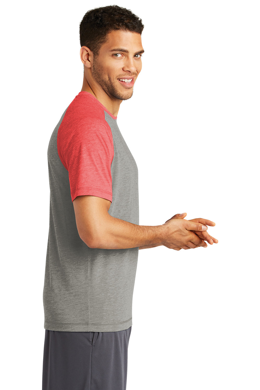 Sport-Tek ST400 Mens Moisture Wicking Short Sleeve Crewneck T-Shirt Heather Light Grey/Heather True Red Model Side