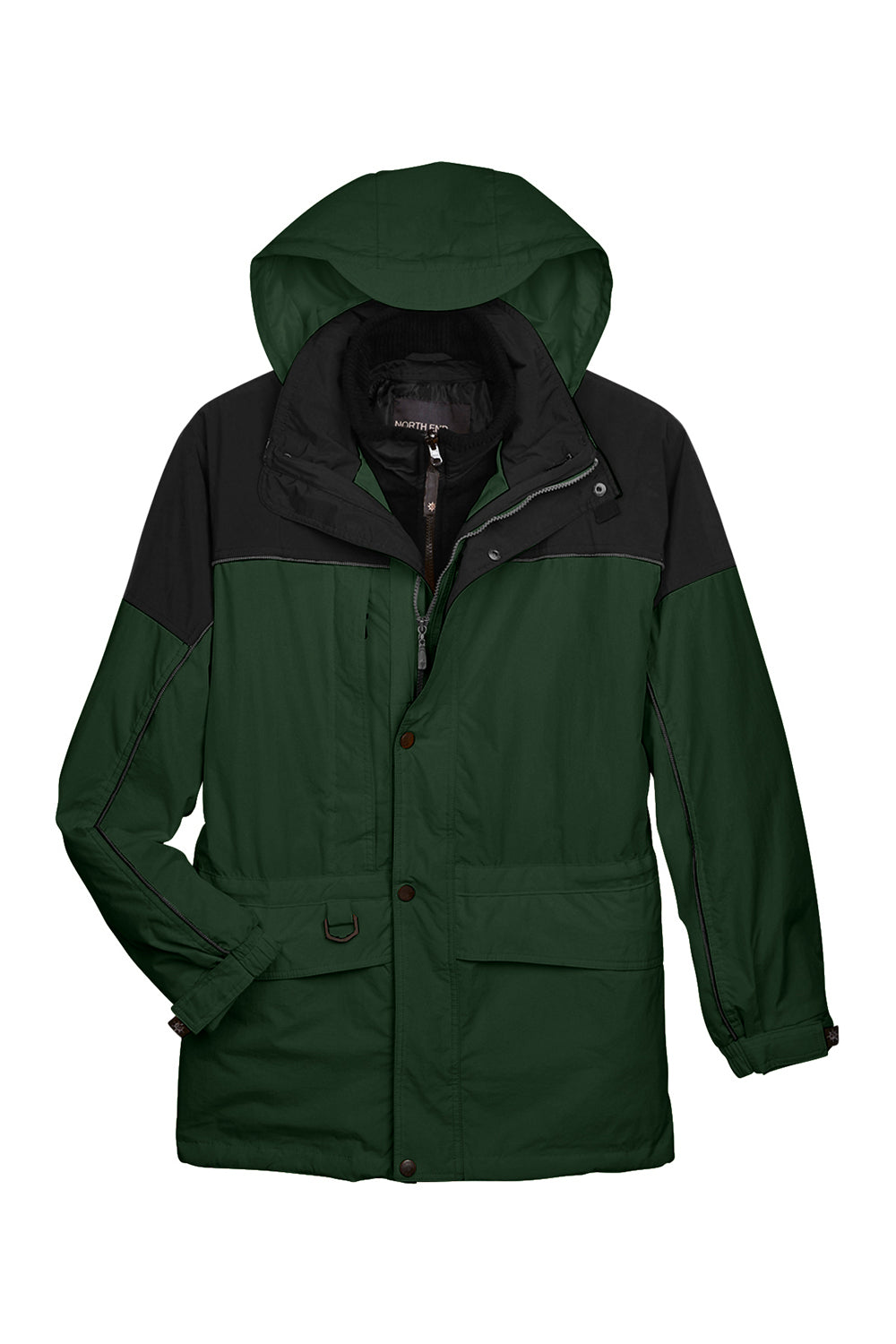 North End 88006 Mens 3-in-1 Water Resistant Full Zip Hooded Jacket Alpine Green/Black Flat Front