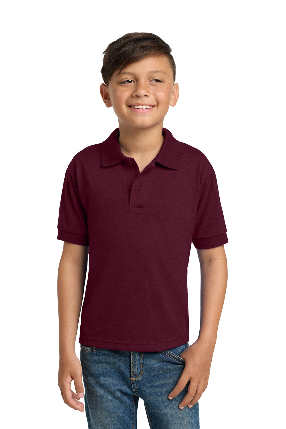 Gildan 8800B/G880B Youth DryBlend Moisture Wicking Short Sleeve Polo Shirt Maroon Model Front