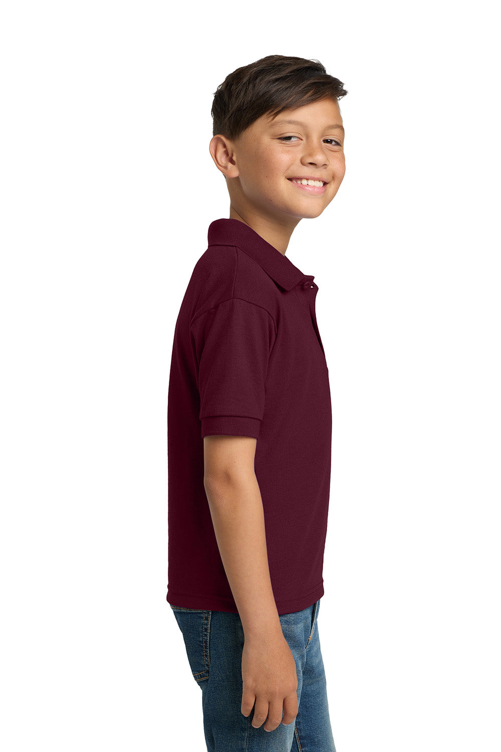 Gildan 8800B/G880B Youth DryBlend Moisture Wicking Short Sleeve Polo Shirt Maroon Model Side