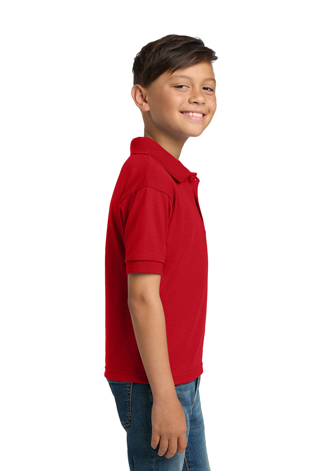 Gildan 8800B/G880B Youth DryBlend Moisture Wicking Short Sleeve Polo Shirt Red Model Side