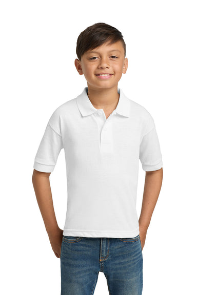 Gildan 8800B/G880B Youth DryBlend Moisture Wicking Short Sleeve Polo Shirt White Model Front