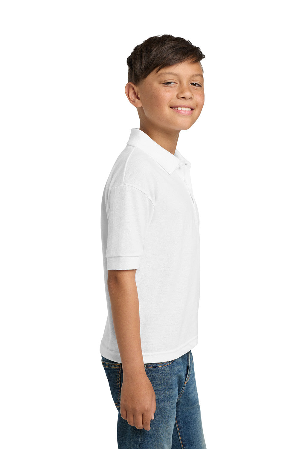 Gildan 8800B/G880B Youth DryBlend Moisture Wicking Short Sleeve Polo Shirt White Model Side