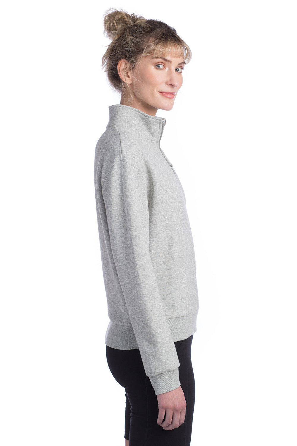 Alternative 8808PF Womens Eco Cozy Fleece Mock Neck 1/4 Zip Sweatshirt Heather Grey Model Side