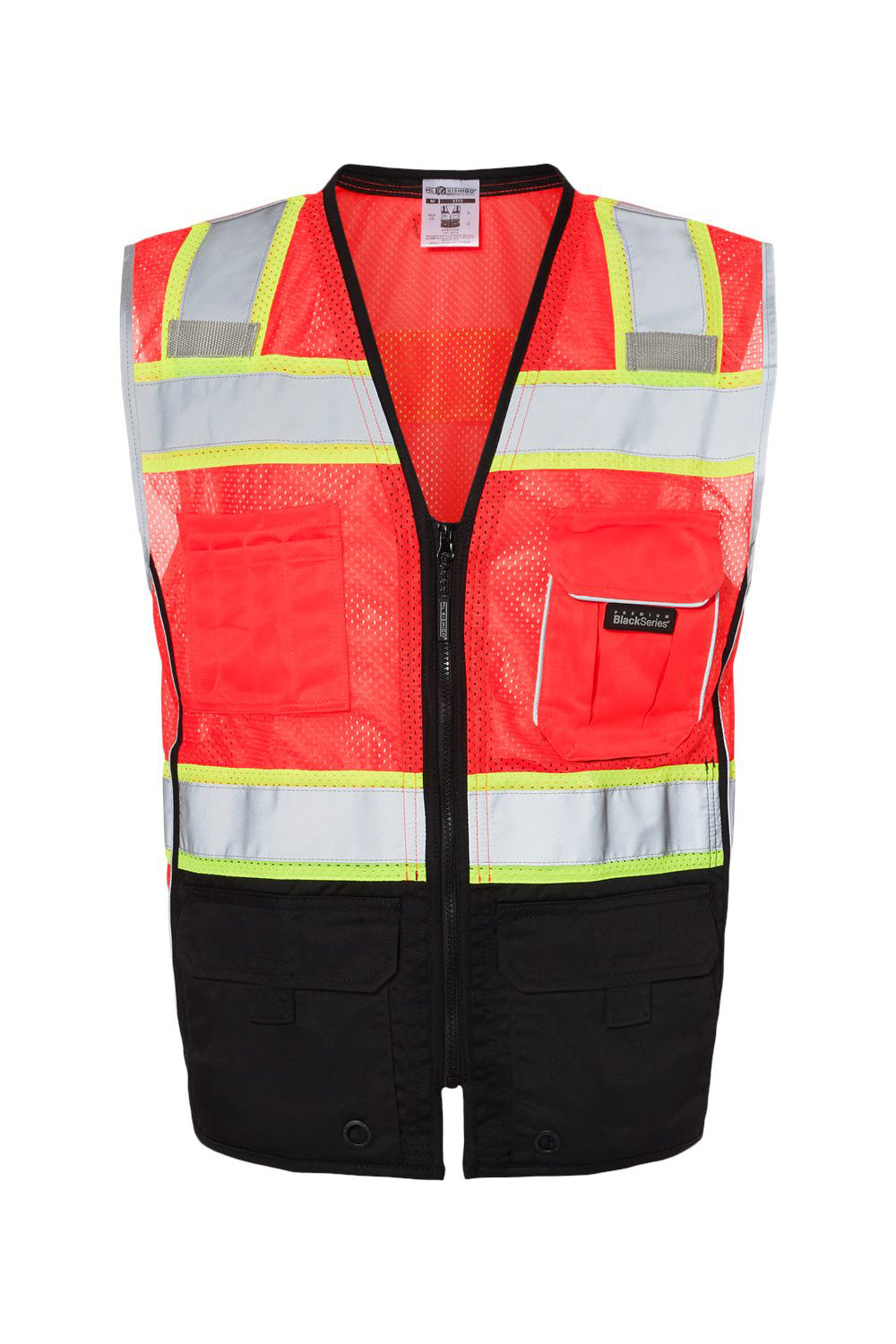 Kishigo 1515-1516 Mens Premium Black Series Black Bottom Class 2 Vest Fluorescent Red Flat Front