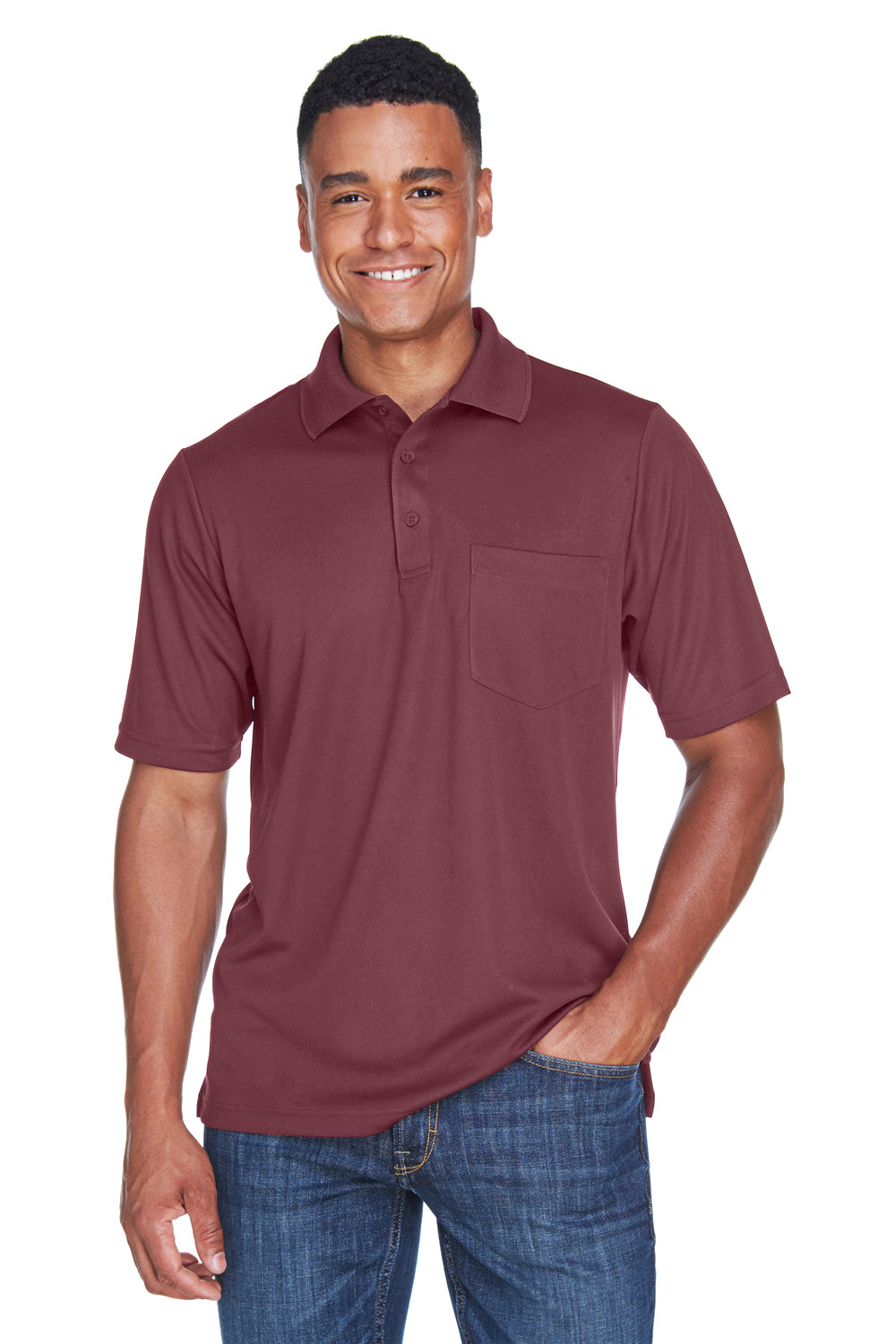 Core 365 88181P Mens Origin Performance Moisture Wicking Short Sleeve Polo Shirt w/ Pocket Burgundy Model Front