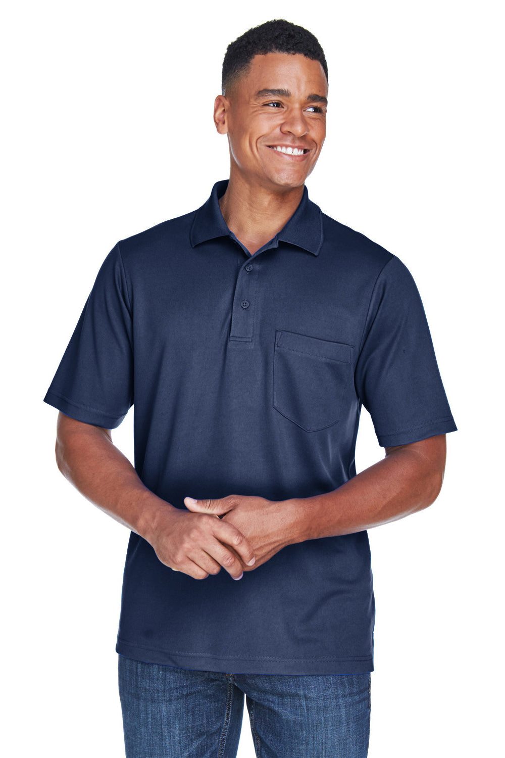 Core 365 88181P Mens Origin Performance Moisture Wicking Short Sleeve Polo Shirt w/ Pocket Classic Navy Blue Model Front