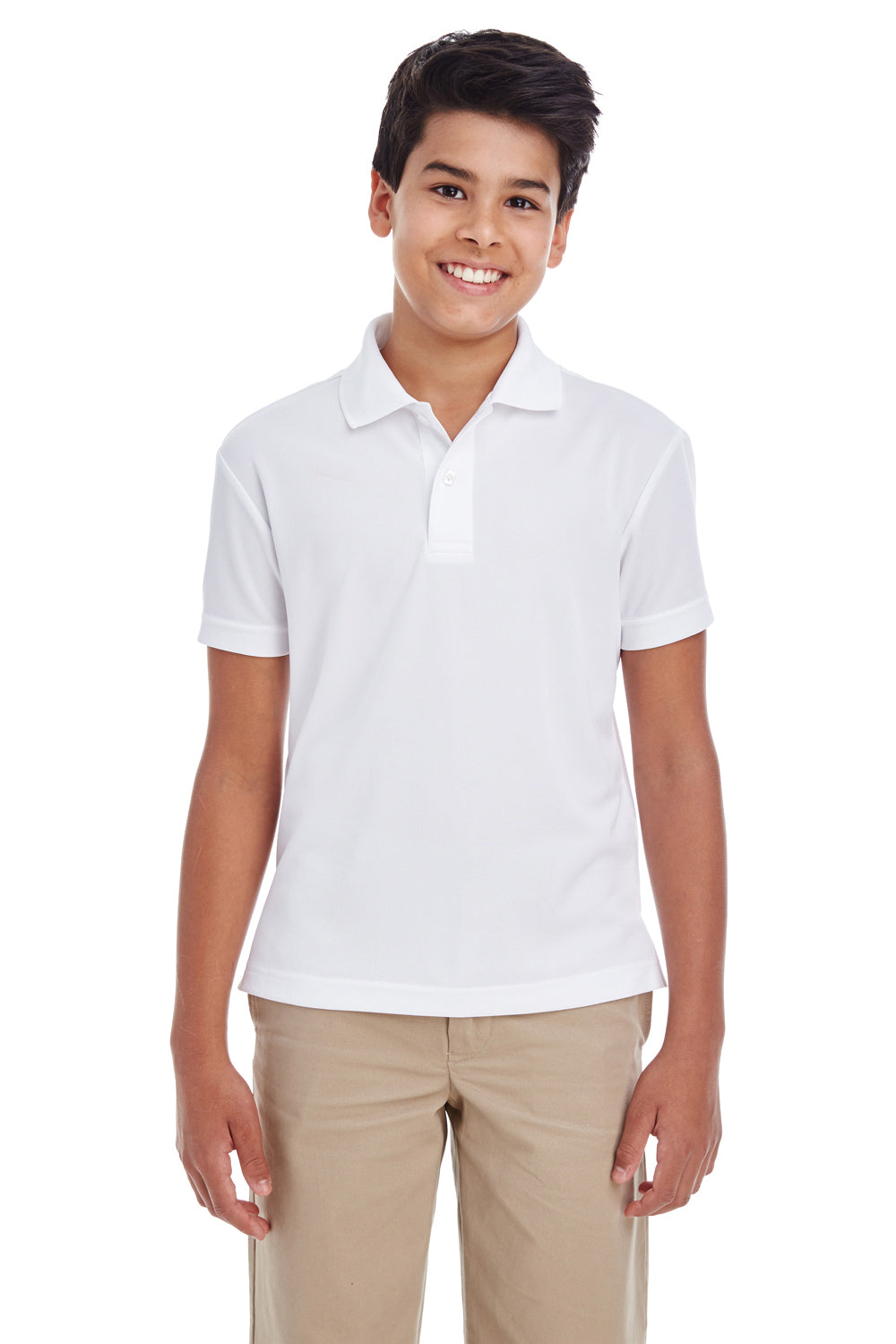 Core 365 88181Y Youth Origin Performance Moisture Wicking Short Sleeve Polo Shirt White Model Front