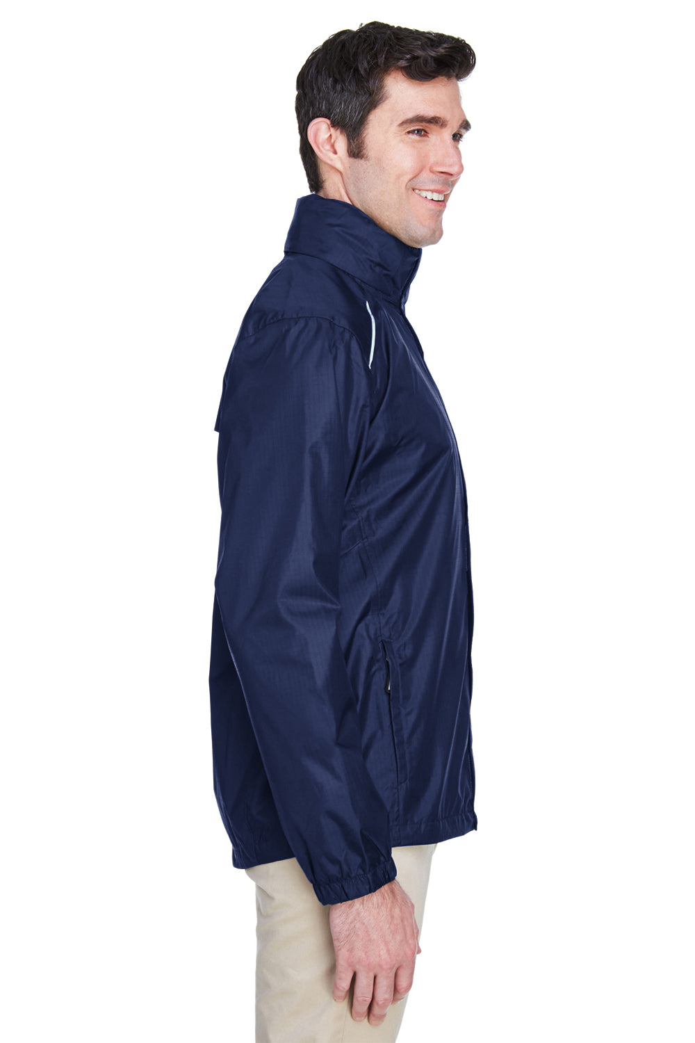 Core 365 88185 Mens Climate Waterproof Full Zip Hooded Jacket Classic Navy Blue Model Side