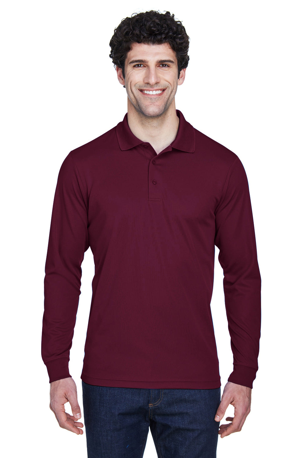 Core 365 88192/88192T Mens Pinnacle Performance Moisture Wicking Long Sleeve Polo Shirt Burgundy Model Front